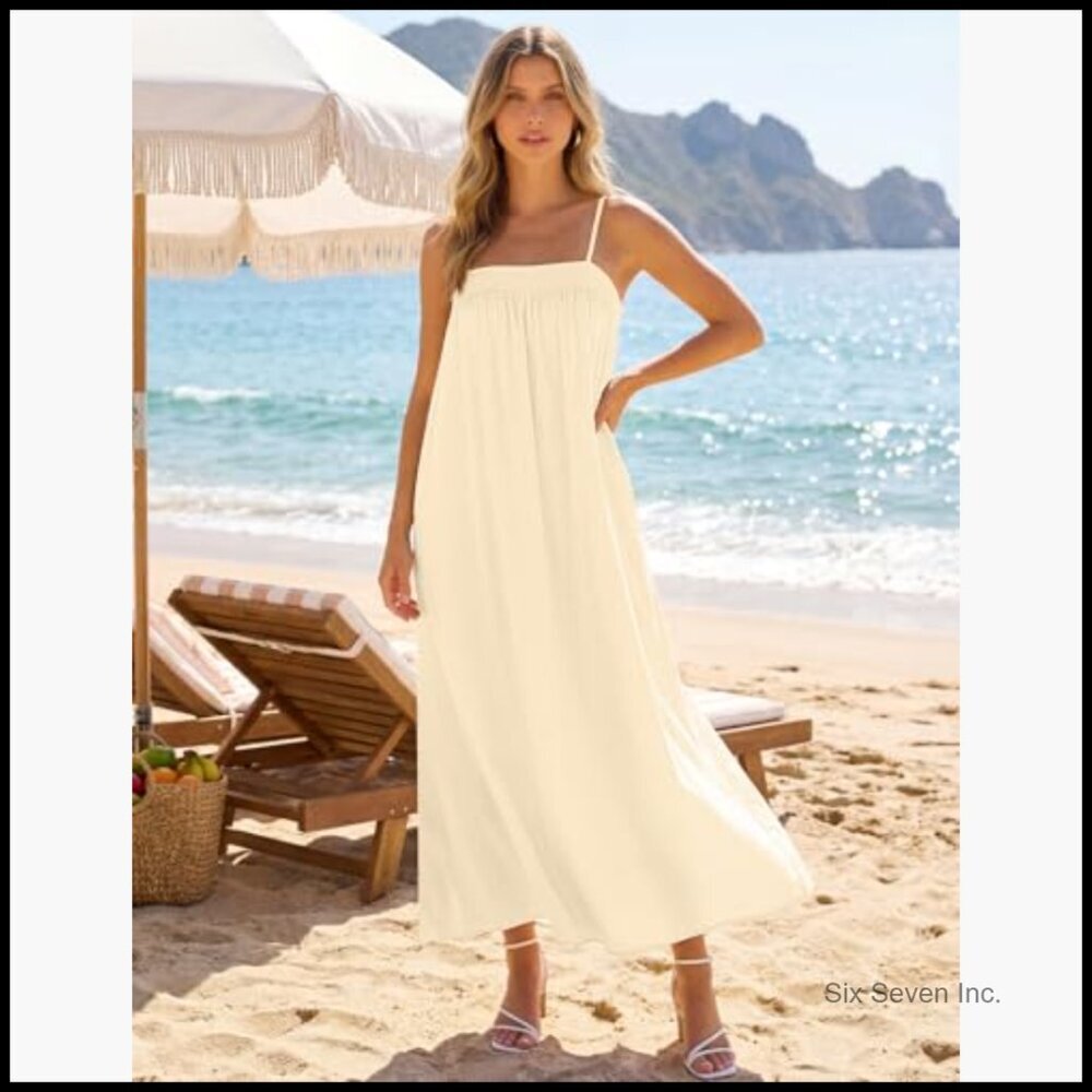 Linen Blend Maxi Sundress with Spaghetti Straps and Pockets - Picture 6 of 7